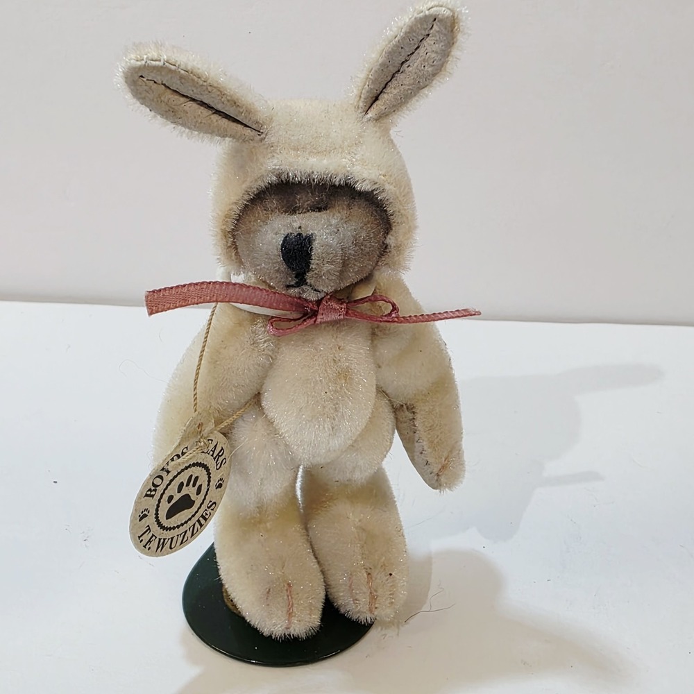 Boyds Bears Tillie F Wuzzie 1999 MINIATURE Teddy Bear in Bunny Outfit w/ stand